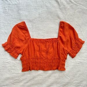 Women’s Paper Crane Orange Square Neckline Puffed Shoulder Short Sleeve Crop Top